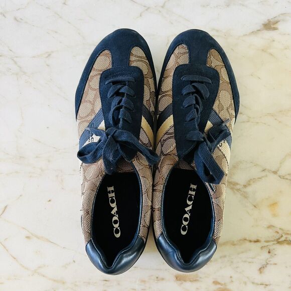 COACH Kelson Khaki Beige Midnight Navy Signature Jacquard Suede Sneakers - US 8 - Picture 6 of 8